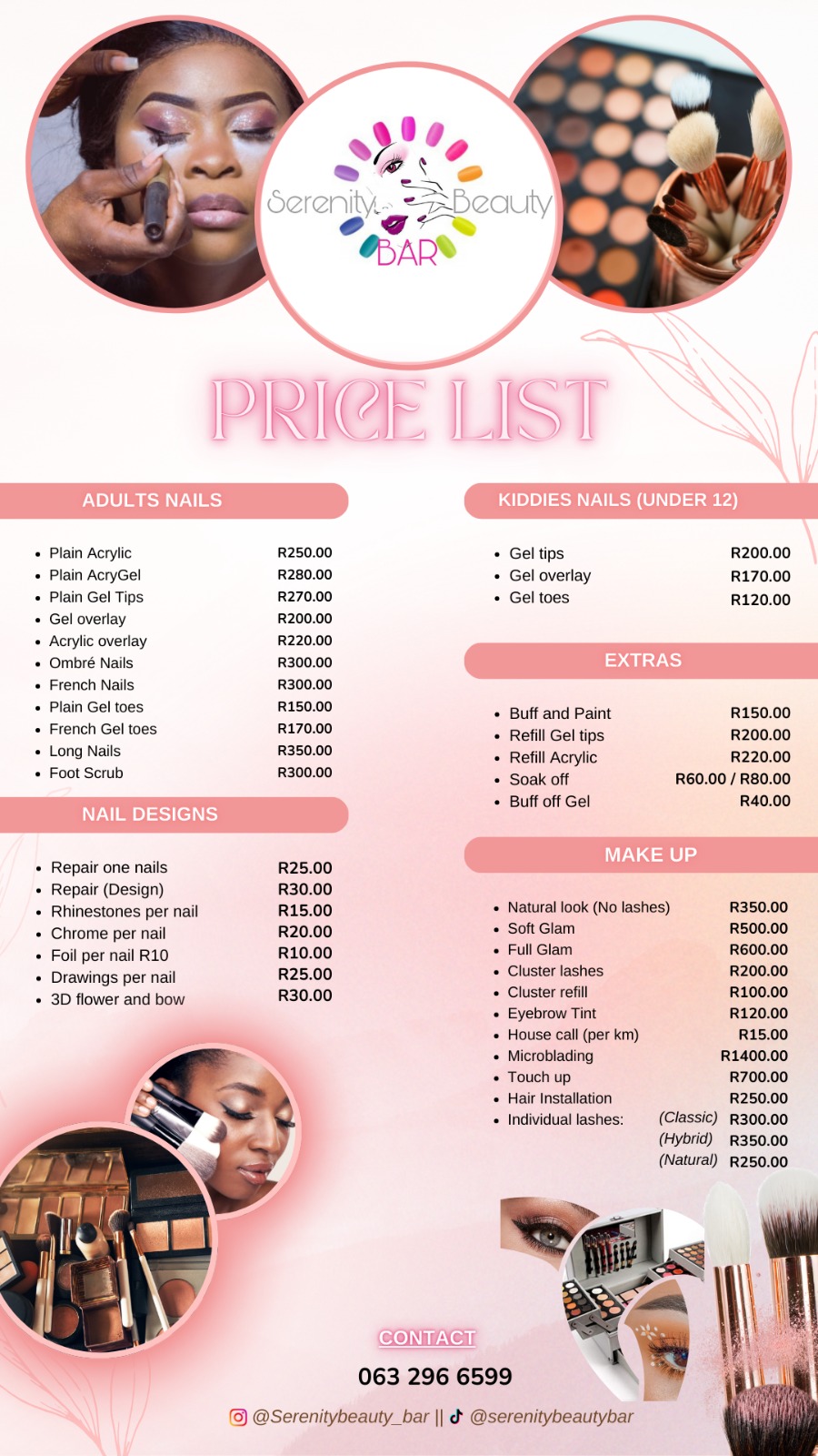 Serenity beauty Bar Pricelist